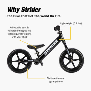 Strider 12” Sport Bike, Black - No Pedal Balance Bicycle for Kids 18 Months to 5 Years - Includes Safety Pad, Padded Seat, Mini Grips & Flat-Free Tires - Tool-Free Assembly & Adjustments