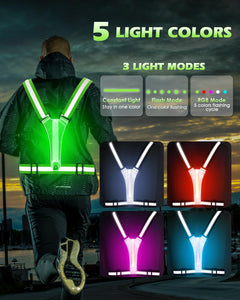 Zacro LED Reflective Vest Gear - Running Light Vest with 5 Light Colors, Light Up Vest Runners Night Walking USB Rechargeable, High Visibility Light Up Night Running Vest for Walking, Cycling